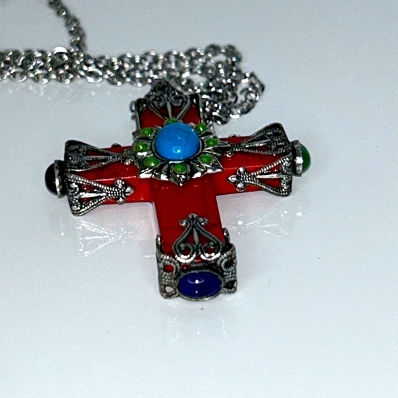 Sweet Romance Designer Gemstone Cross Double Chain Stainless Steel Necklace Boho - Picture 6 of 10